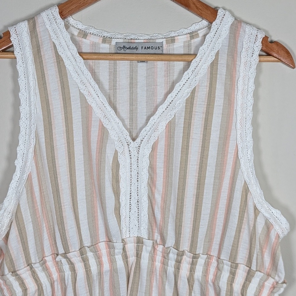 Absolutely Famous Sleeveless Stripe Peplum Top XL Pink Tan Lace Trim Airy Flowy